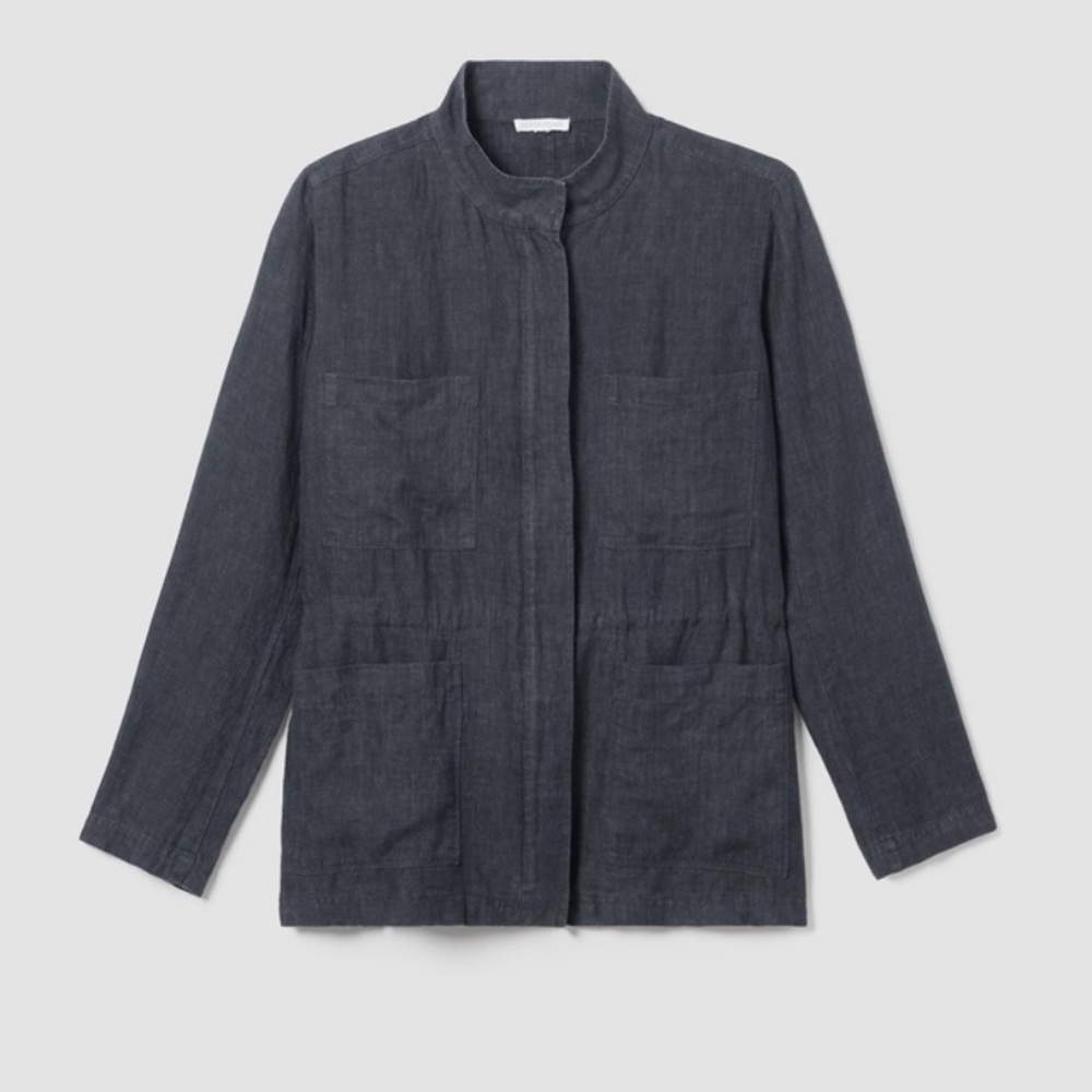 Eileen Fisher Washed Organic Linen Délavé Stand Collar Jacket, Size M